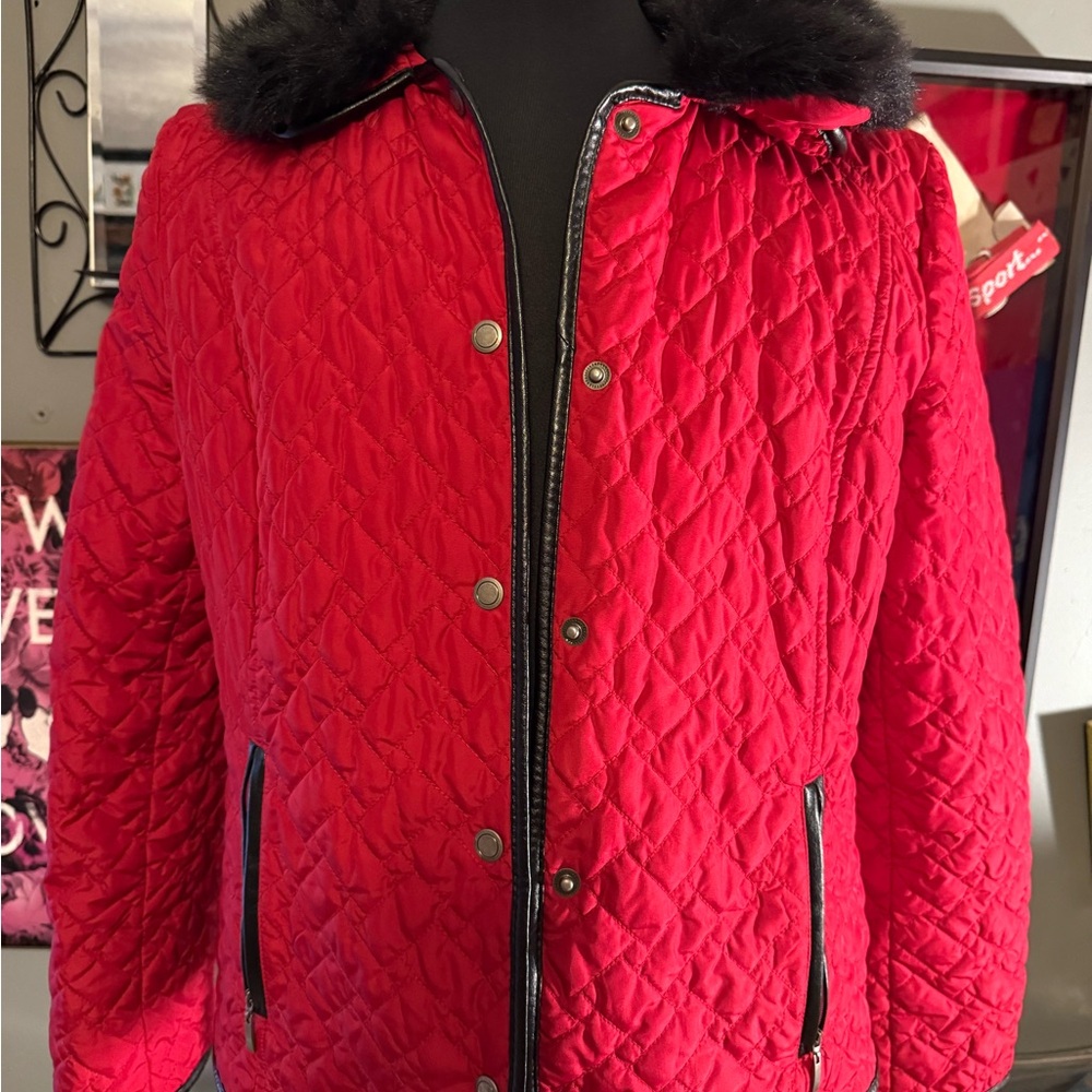 Charter Club Red Quilted Puffer Jacket with Black Faux Fur Removable Collar